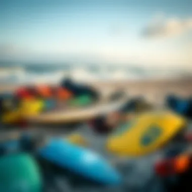 An array of kiteboarding gear neatly arranged on a beach