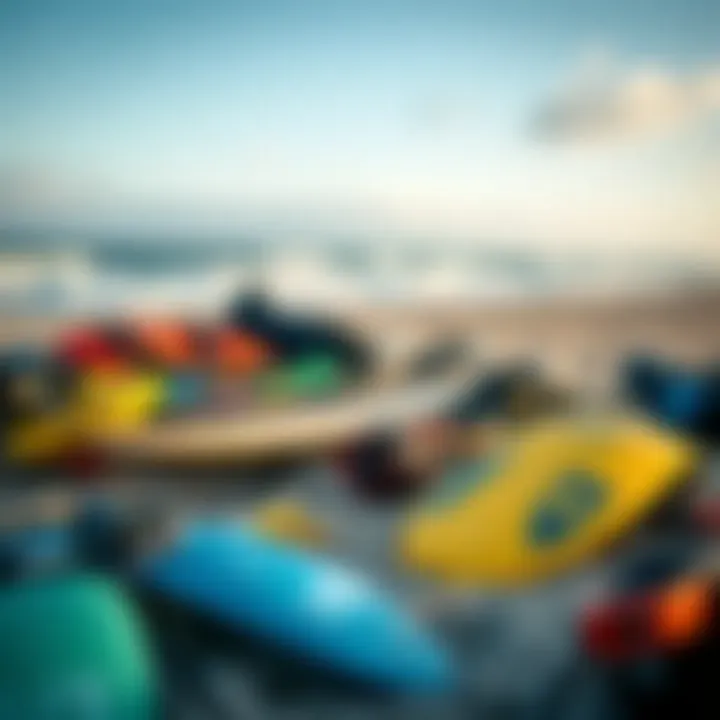 An array of kiteboarding gear neatly arranged on a beach