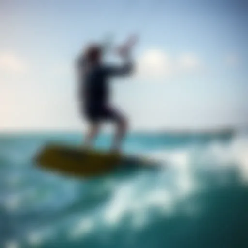 A kiteboarder gliding over clear blue waters