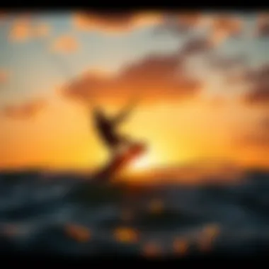 A breathtaking sunset view of a kiteboarder against the horizon