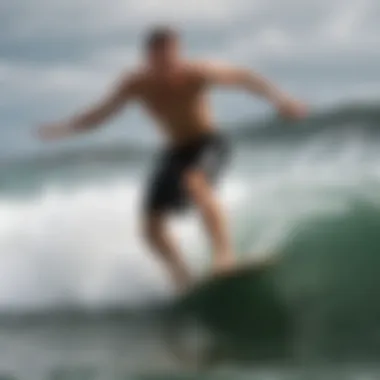 Dynamic Skimboarding in Action Dynamic skimboarder executing a maneuver in wet conditions