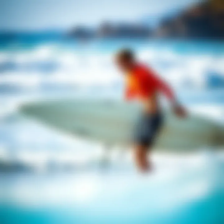 Instructor guiding a beginner surfer on the beach