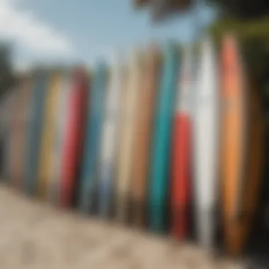 A well-organized surf rack displaying various surfboards