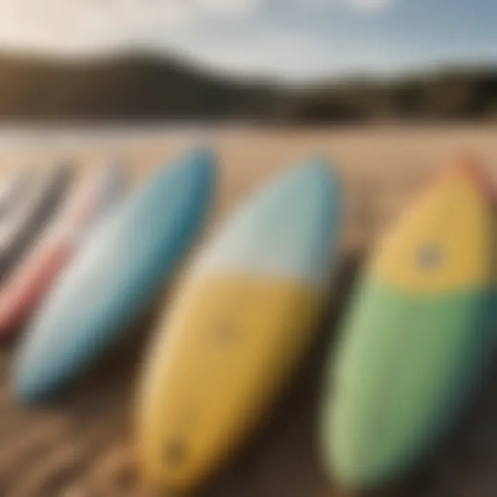 Diverse selection of short soft top surfboards displayed on the beach