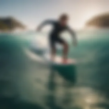 Surfer riding a wave on a short soft top surfboard in vibrant water