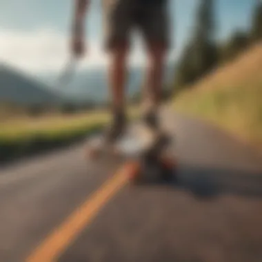 A longboarder using a leash during a ride on scenic terrain, demonstrating its importance.