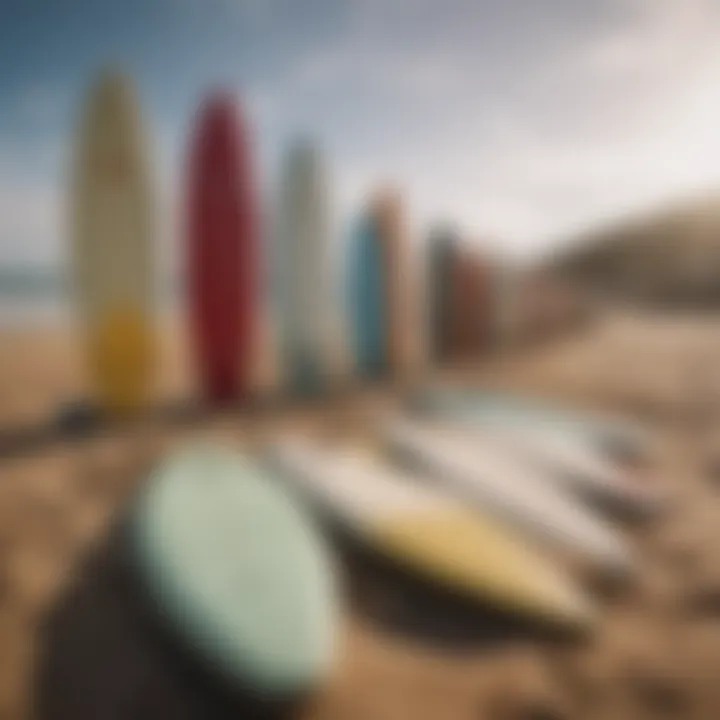 An array of different surfboard types displayed on a sandy beach