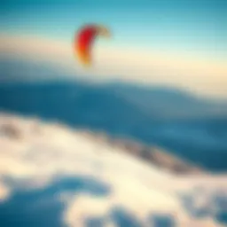 A vibrant kite soaring above a snowy landscape