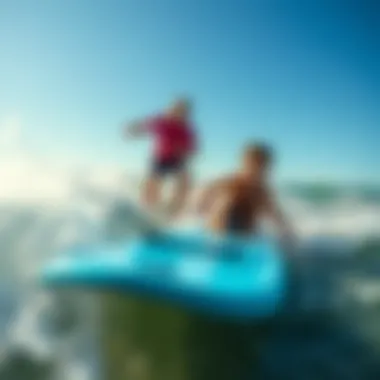 An instructor teaching a beginner the basics of boogie boarding