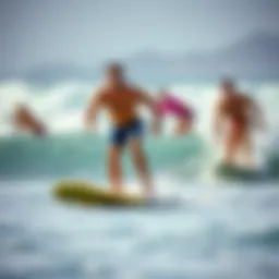 A vibrant beach scene showcasing boogie boarders catching waves