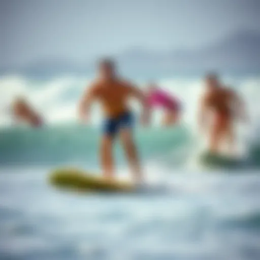 A vibrant beach scene showcasing boogie boarders catching waves