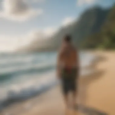Cultural Significance of the Lei A serene beach scene in Hawaii with a person wearing a lei, illustrating its cultural significance.