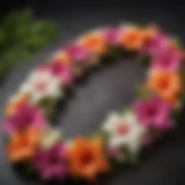 Close-up of a traditional Hawaiian lei adorned with fresh flowers, highlighting craftsmanship.