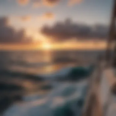 Captivating Sunset at Sea A captivating sunset scene viewed from the deck of a sailboat at sea.