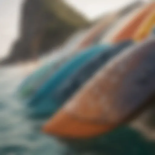 Close-up view of surfboard fins showing different designs