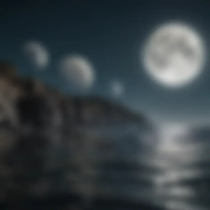 A close-up of the moon in its various phases illuminating the ocean