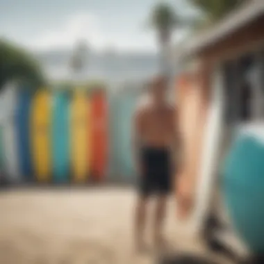 Commercial Influence in Surfing Corporate branding on surfboards displayed at a surf shop, highlighting commercial influence