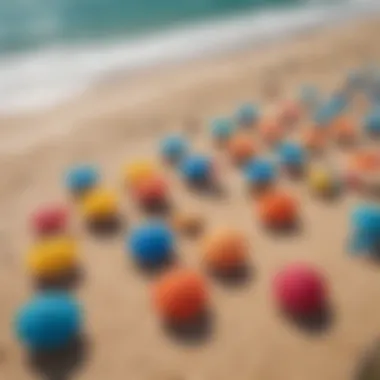 Colorful beach umbrellas and towels dotting the sandy shore, showcasing recreational activities