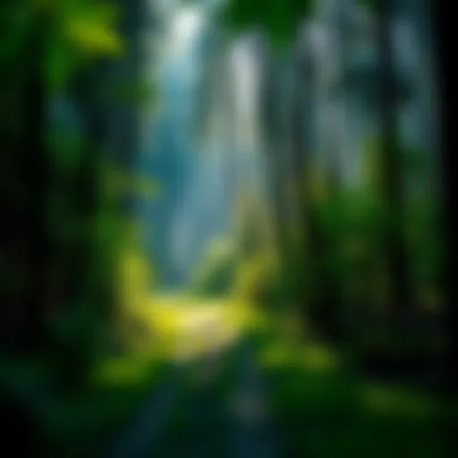 A tranquil forest scene bathed in soft sunlight, showcasing vibrant greenery and serene pathways.
