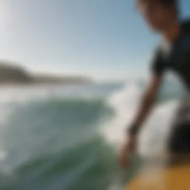 Surfers wearing bracelets while riding waves, demonstrating their connection to the sport.