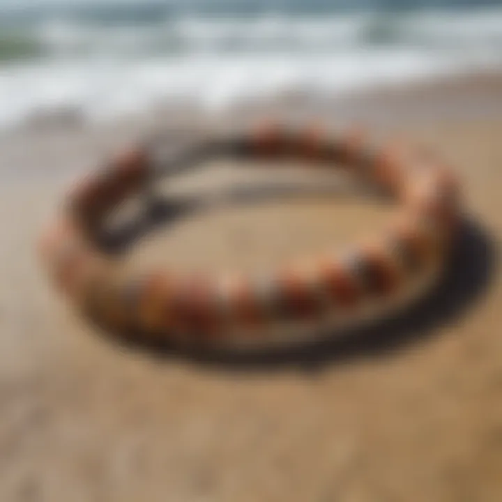 Close-up of a surfer bracelet made from natural materials, highlighting craftsmanship.