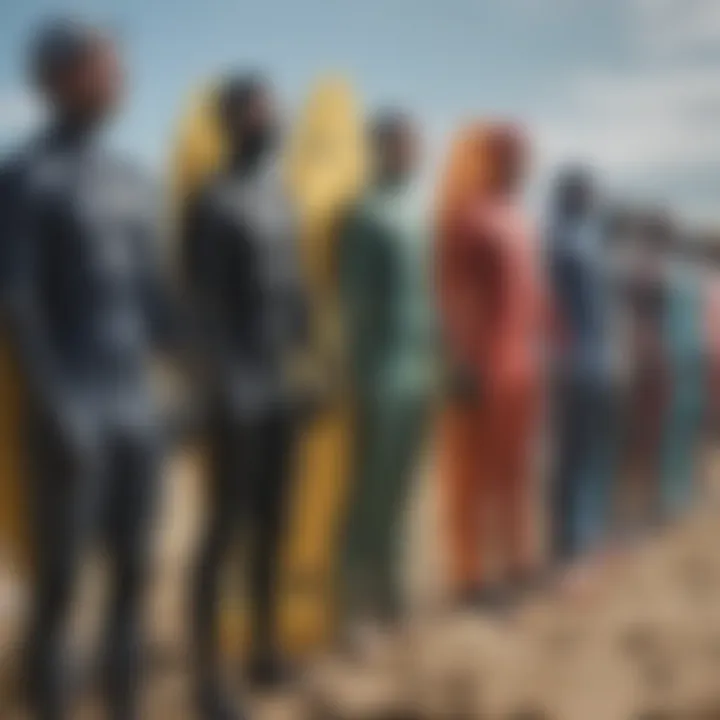 Diverse array of surfing suits displayed on a beach