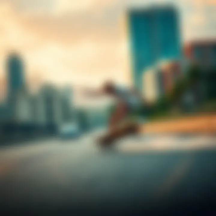 A longboard rider performing tricks on a picturesque urban landscape.