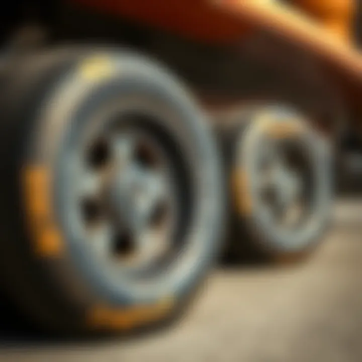 Close-up of longboard wheels illustrating their material and grip texture.