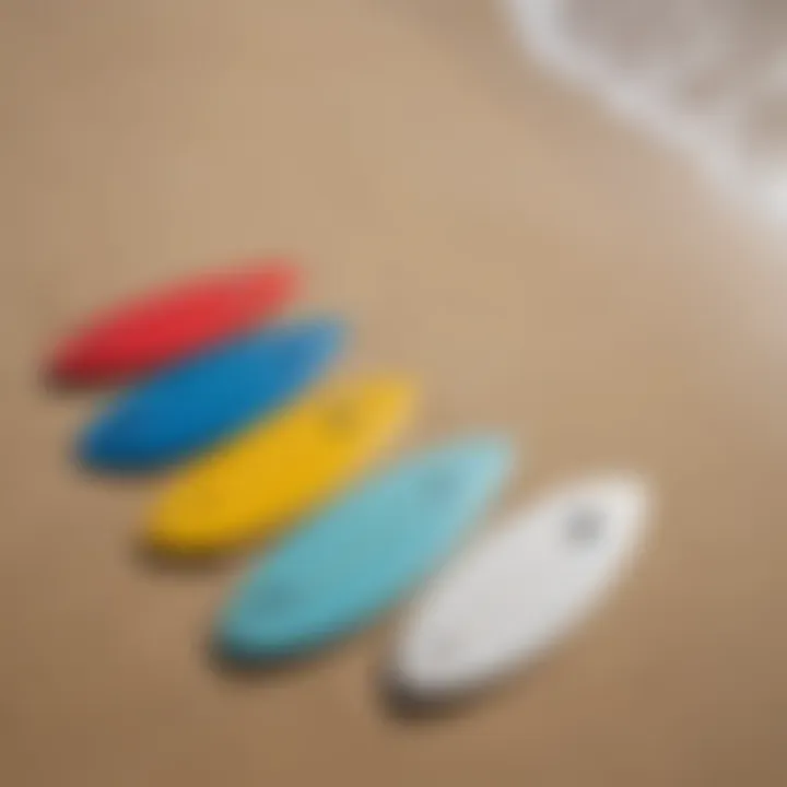 An assortment of affordable fiberglass skimboards displayed on a sandy beach, highlighting various styles.