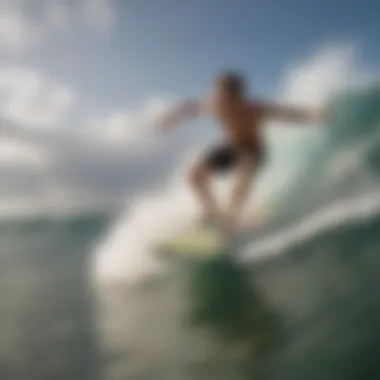 A beginner skimboarder riding a wave on a fiberglass skimboard, demonstrating the sport's excitement.