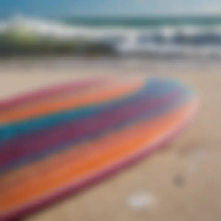 A close-up view of a fiberglass skimboard showcasing its smooth surface and vibrant design.