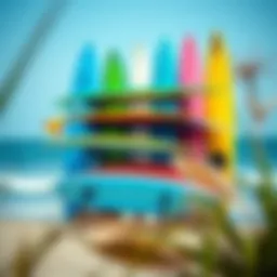 A stylish horizontal surfboard rack displayed with colorful surfboards