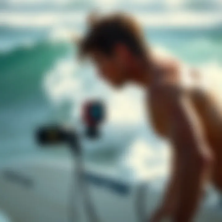 Surfer checking wind conditions before riding waves