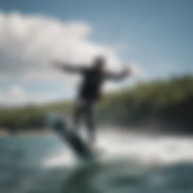 A kiteboarder using a handle on water, demonstrating performance and control.