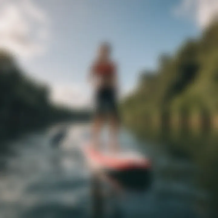 A KT Board in action during a paddleboarding session on calm waters