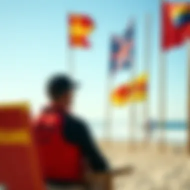 Lifeguard monitoring beach conditions with surf flags