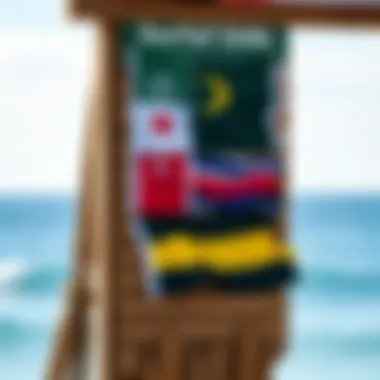 Different types of surf flags displayed on a signboard