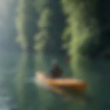 Kayaker paddling in serene lake