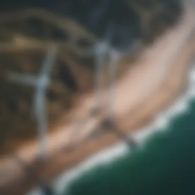 Aerial view of wind turbines on a coastal landscape