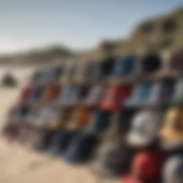 Variety of Rip Curl hats displayed on a beach