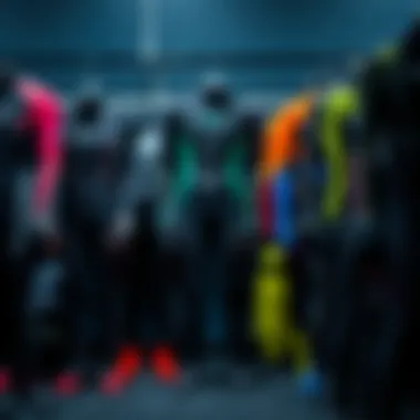 Diverse types of wetsuits displayed