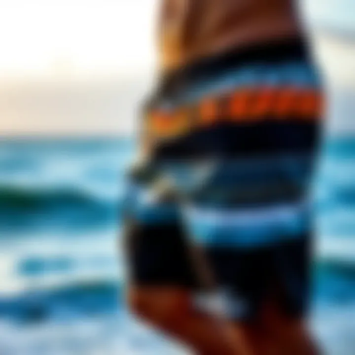 Volcom boardshorts displayed with ocean backdrop