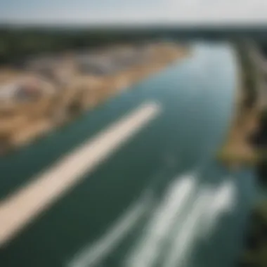 An aerial view of a wakeboarding park highlighting its layout and features