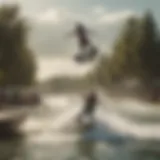 A scenic view of a wakeboarding park with riders in action