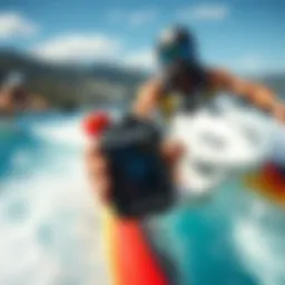 Waterproof key fob case in action during watersport activities