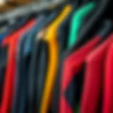 Wetsuits in various colors and styles arranged neatly