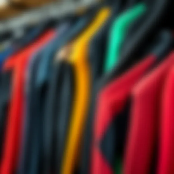 Wetsuits in various colors and styles arranged neatly