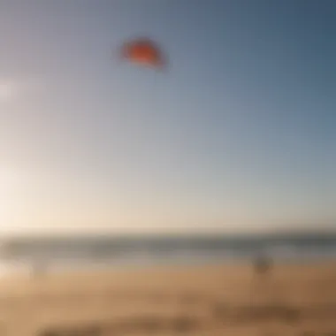 A serene beach setting with kites being flown